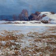 Jaroslav Panuška: Hráz rybníka, před 1919, lepenka, olej, 55 × 71 cm, sbírka GMU.