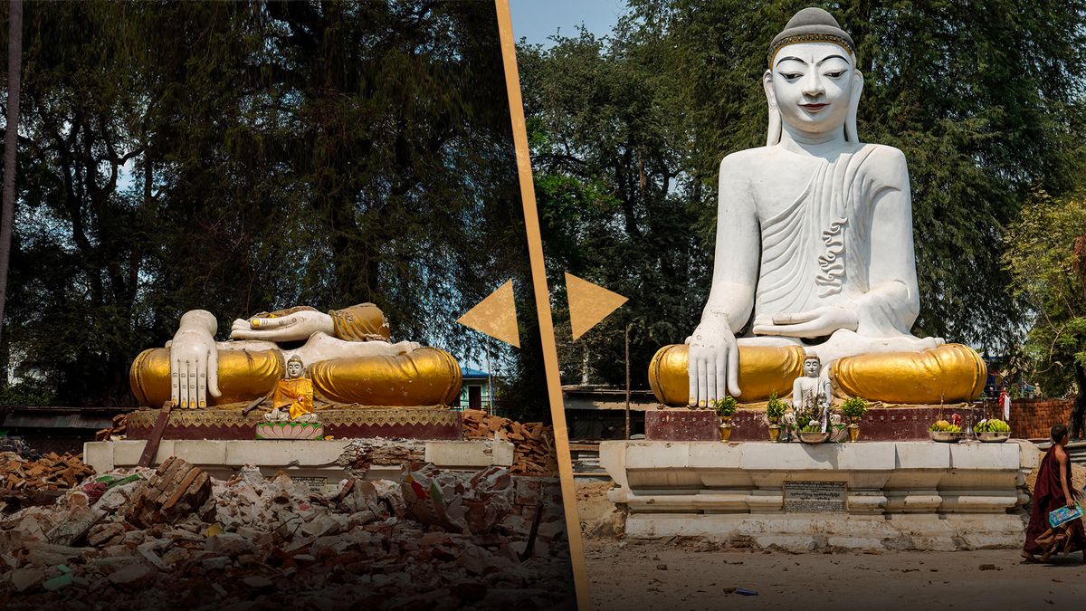 Srovnávací fotky rok poté: Stopy po zemětřesení jsou v Myanmaru stále patrné