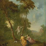 Norbert Grund – Pierot na houpačce, 1760, dar MUDr. Josefa Hosera Obrazárně Společnosti vlasteneckých přátel umění z roku 1844, NGP.