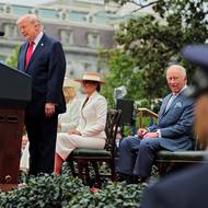 Prezident Trump během přivítání vystoupil s projevem. Žertoval o „krásném britském dni“, což vyvolalo smích přítomných. Ve Washingtonu totiž v den slavnostního přijetí prší.