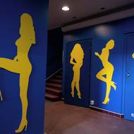 Modré stěny a žluté siluety žen zdobí vstupní chodbu, která vede rovnou ke schodišti.