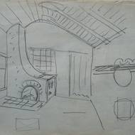 Skica interiéru Sedlákovy chaty, architekt Karel Dudych, Jíloviště, ČR, 1958.