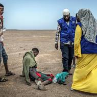 Každoročně se na tuto migrační trasu vydávají desítky tisíc lidí, odhaduje Mezinárodní organizace pro migraci (IOM). Většina z nich vyplouvá právě z Džibutska, které leží v nejbližším bodě pouhých 30 kilometrů od Jemenu.
(Členové IOM pomáhají vyčerpanému etiopskému migrantovi v odlehlé pouštní oblasti Džibutska, 12. dubna.)